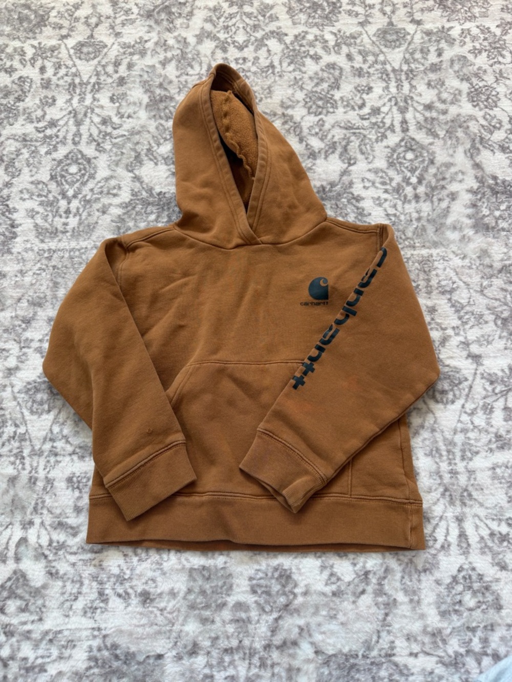 Child’s Size 6 Distressed Carhartt Brown Hooded Sweatshirt with Sleeve Logo